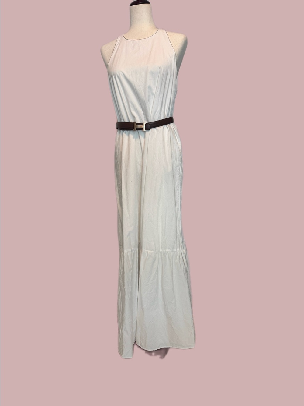 VELEZ White 100% Cotton Maxi Dress Metallic Chain Trim Size 8 EUC belt not incl